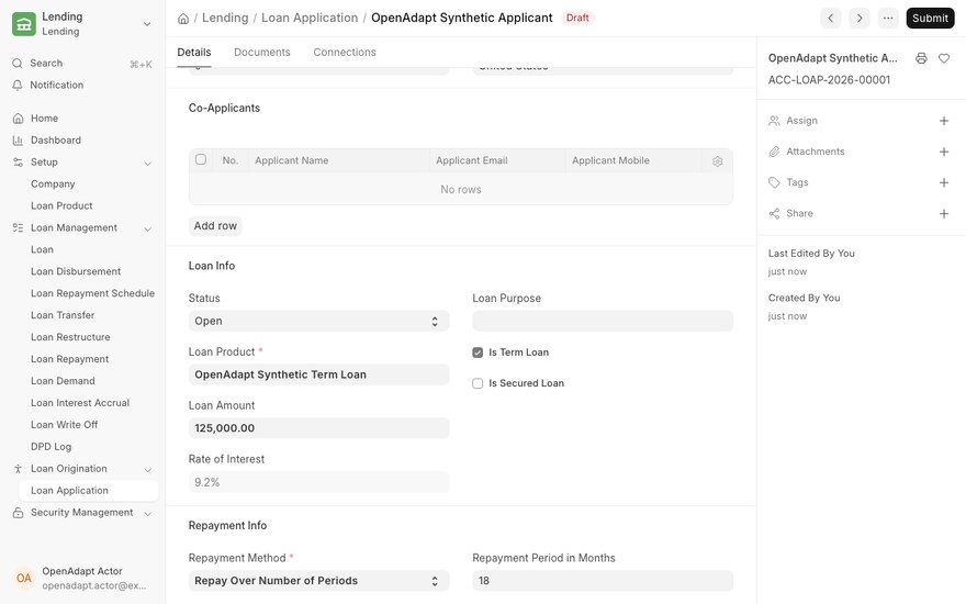 OpenAdapt replaying the compiled synthetic Loan Application workflow in Frappe Lending.
